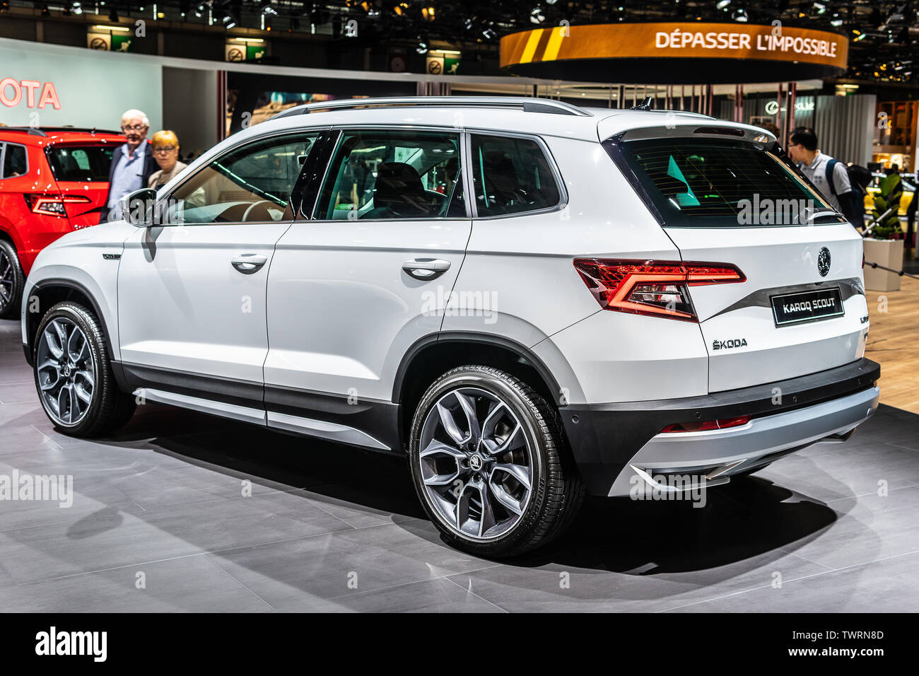 Paris France October 02 2018 Metallic White Skoda Karoq Scout At Mondial Paris Motor Show Produced By Czech Automobile Manufacturer Skoda Auto Stock Photo Alamy