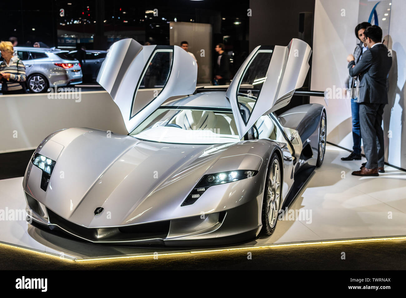 Paris, France, October 04, 2018: Aspark Owl at Mondial Paris Motor Show, all-electric battery-powered sports car manufactured by Japanese Aspark Stock Photo