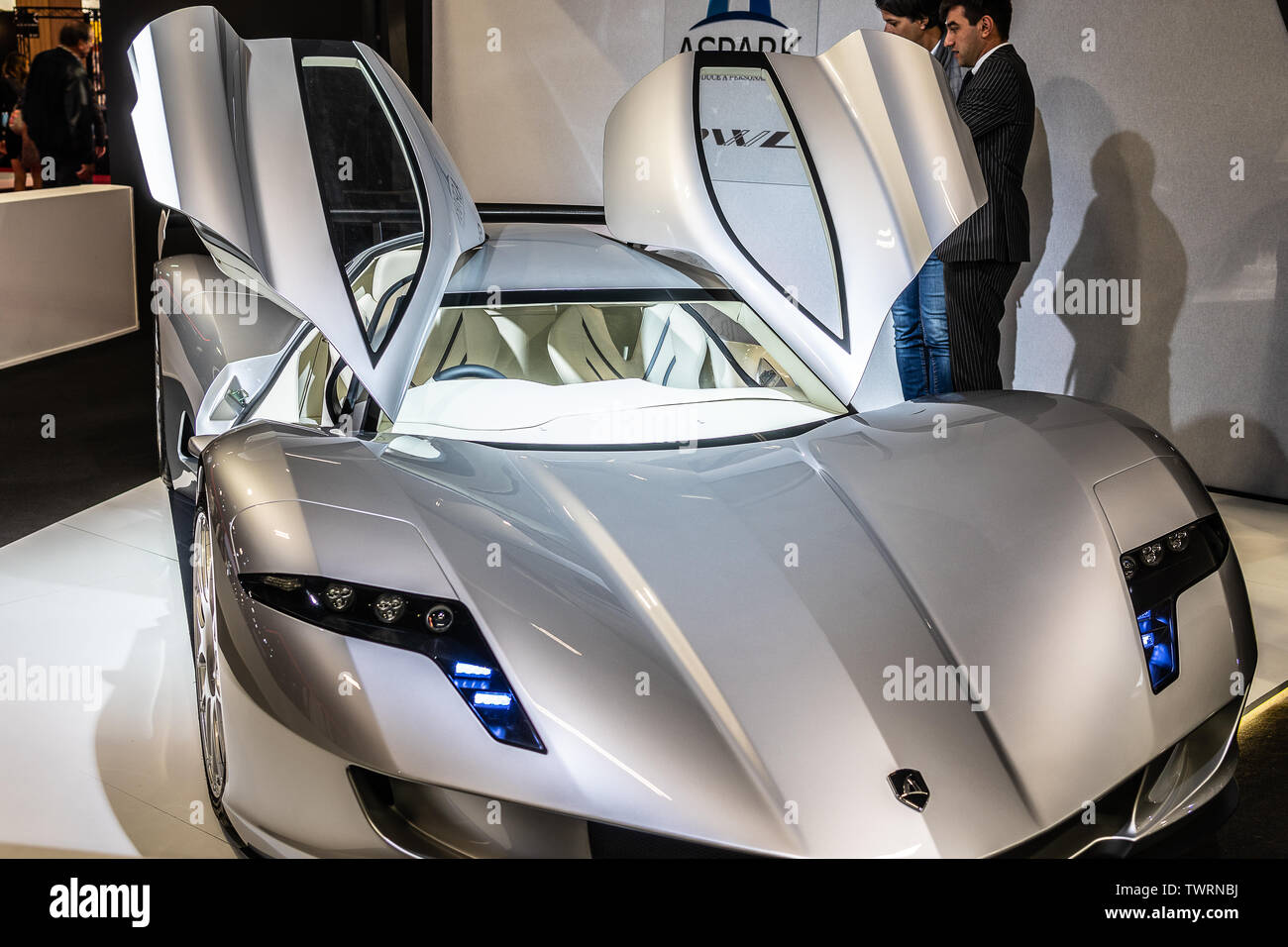 Paris, France, October 04, 2018: Aspark Owl at Mondial Paris Motor Show, all-electric battery-powered sports car manufactured by Japanese Aspark Stock Photo