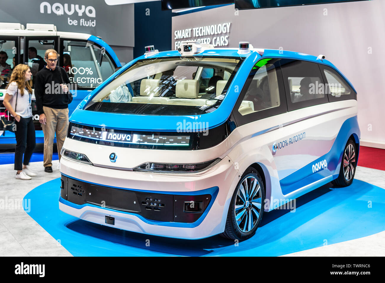 Paris, France, October 04, 2018 NAVYA Autonomous Vehicles, AUTONOM CAB TAXI, driverless, electric, innovative, intelligent, Mondial Paris Motor Show Stock Photo