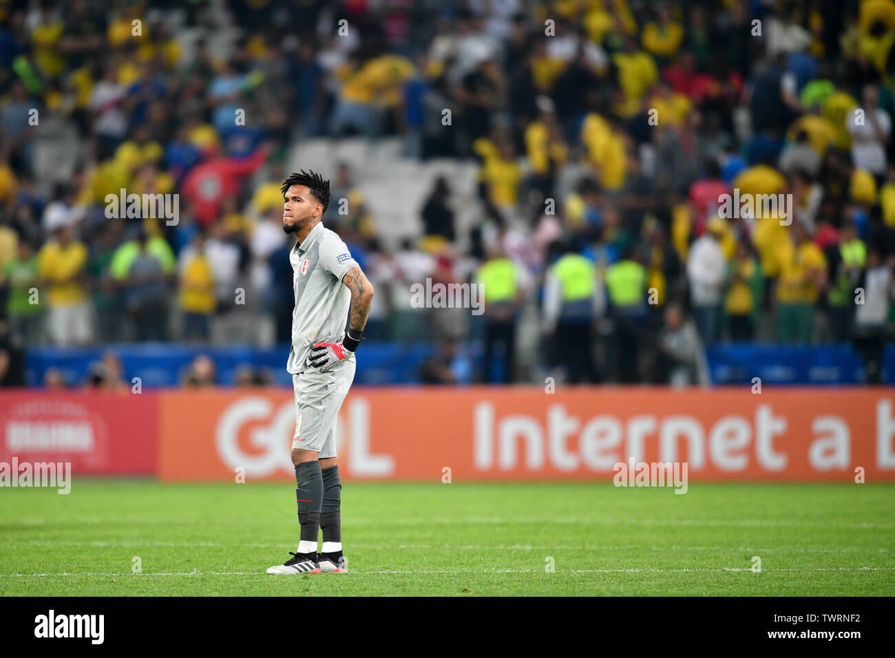 Sao Paulo, Brazil. 22nd June, 2019. Peru's goalkeeper Pedro Gallese reacts after the Group A match between Brazil and Peru at the Copa America 2019, held in Sao Paulo, Brazil, June 22, 2019. Brazil won 5-0. Credit: Xin Yuewei/Xinhua/Alamy Live News Stock Photo