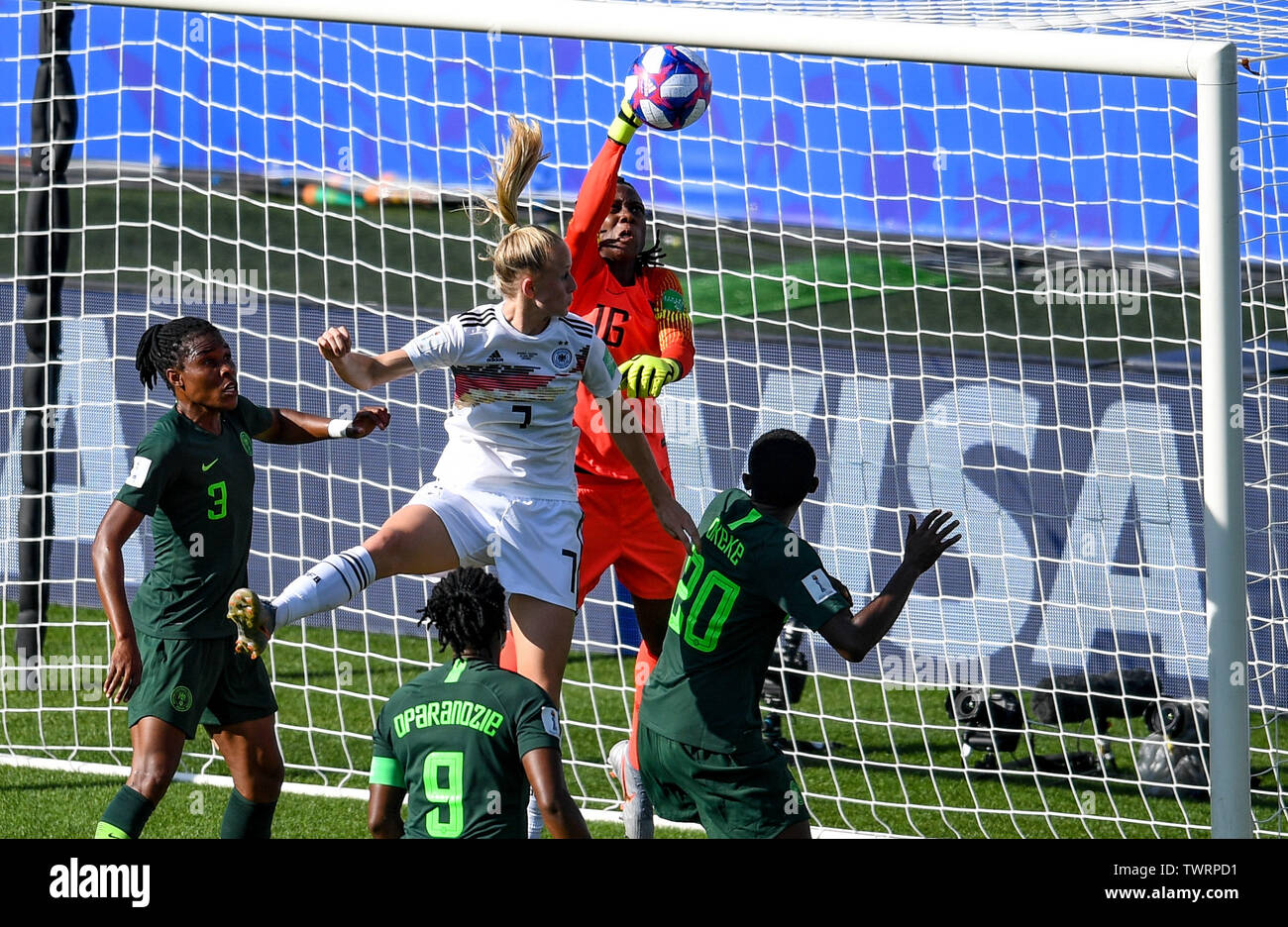Grenoble, France. 22nd June, 2019. Goalkeeper Chiamaka Nnadozie of Nigeria (Top) makes a save during the round of 16 match against Germany at the 2019 FIFA Women's World Cup at Stade des Alpes in Grenoble, France, June 22, 2019. Credit: Mao Siqian/Xinhua/Alamy Live News Stock Photo