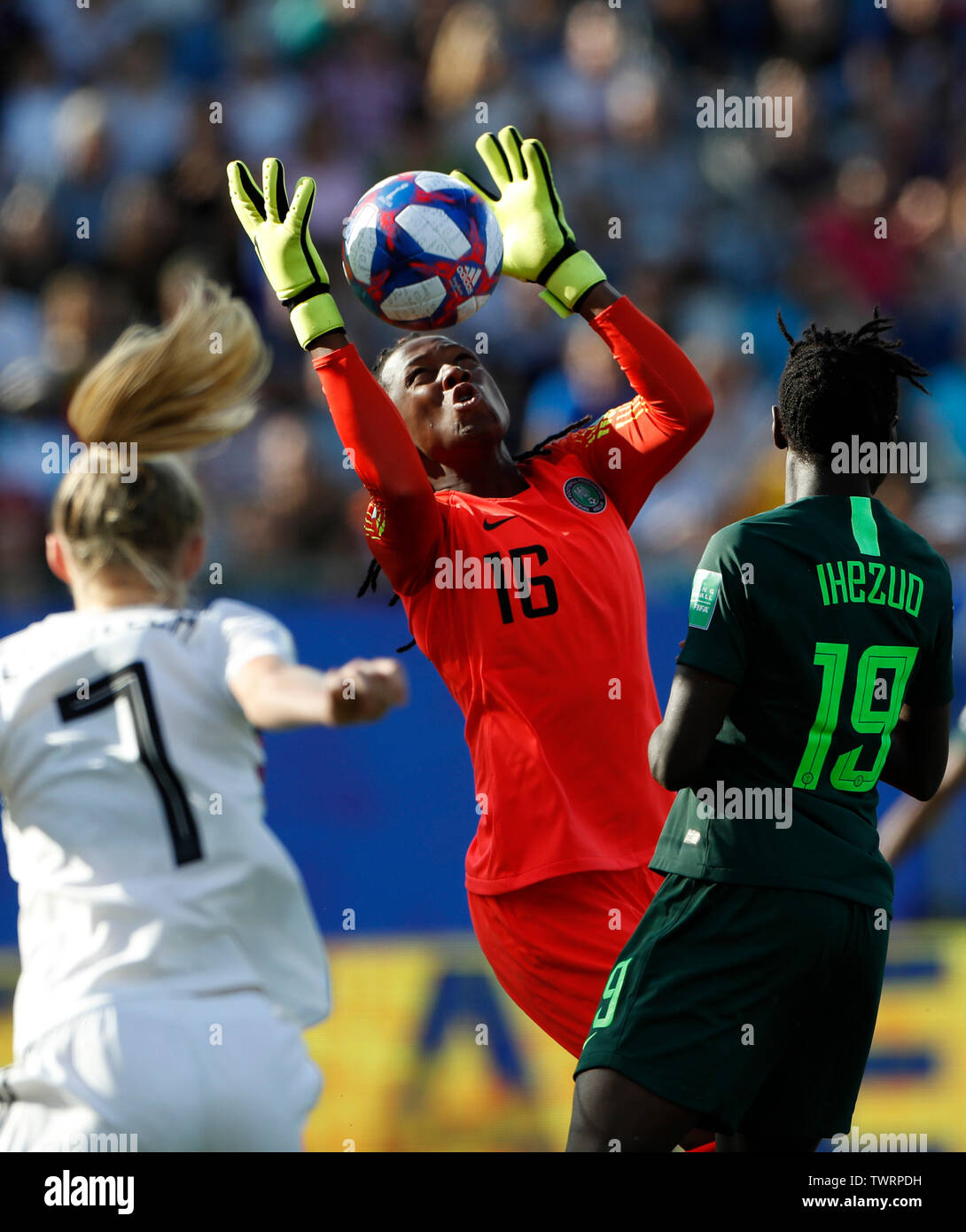 Grenoble, France. 22nd June, 2019. Goalkeeper Chiamaka Nnadozie (C) of Nigeria makes a save during the round of 16 match against Germany at the 2019 FIFA Women's World Cup at Stade des Alpes in Grenoble, France, June 22, 2019. Credit: Ding Xu/Xinhua/Alamy Live News Stock Photo