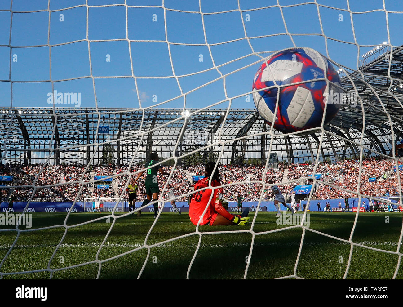 Grenoble, France. 22nd June, 2019. Goalkeeper Chiamaka Nnadozie of Nigeria fails to save a goal by Lea Schueller of Germany during the round of 16 match at the 2019 FIFA Women's World Cup at Stade des Alpes in Grenoble, France, June 22, 2019. Credit: Ding Xu/Xinhua/Alamy Live News Stock Photo