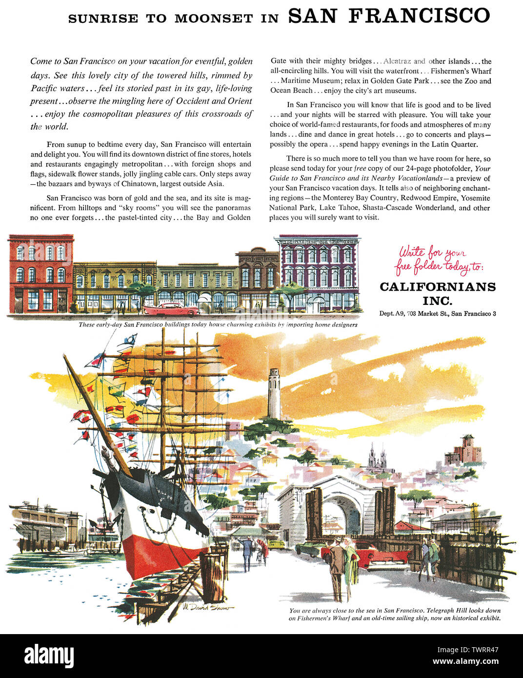 1958 U.S. advertisement promoting San Francisco as a vacation destination by Californians Inc. Stock Photo