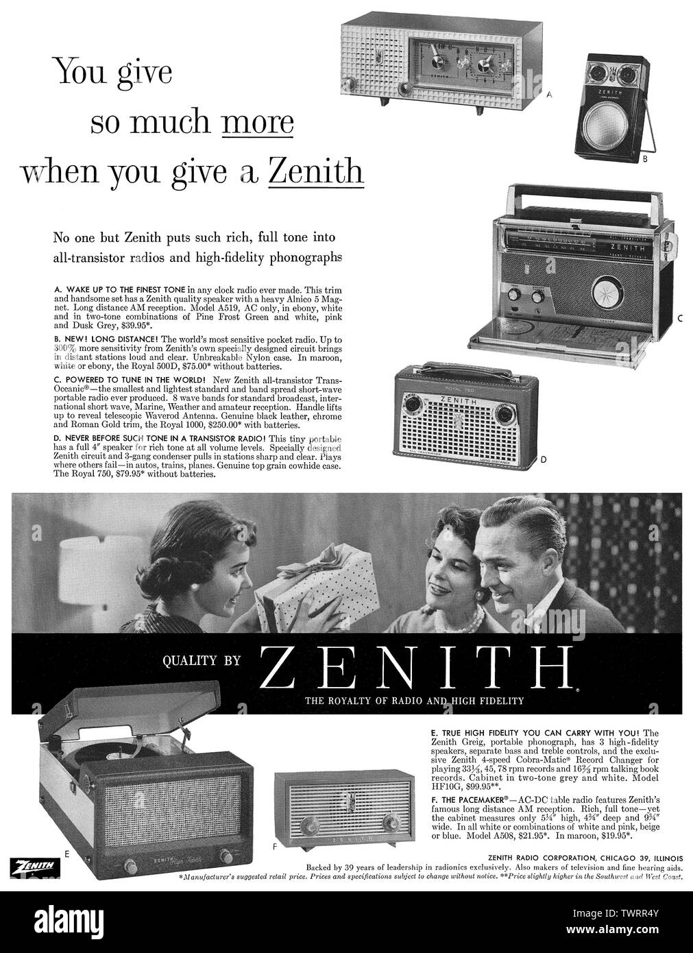 1958 U.S. advertisement for Zenith radios and record players. Stock Photo