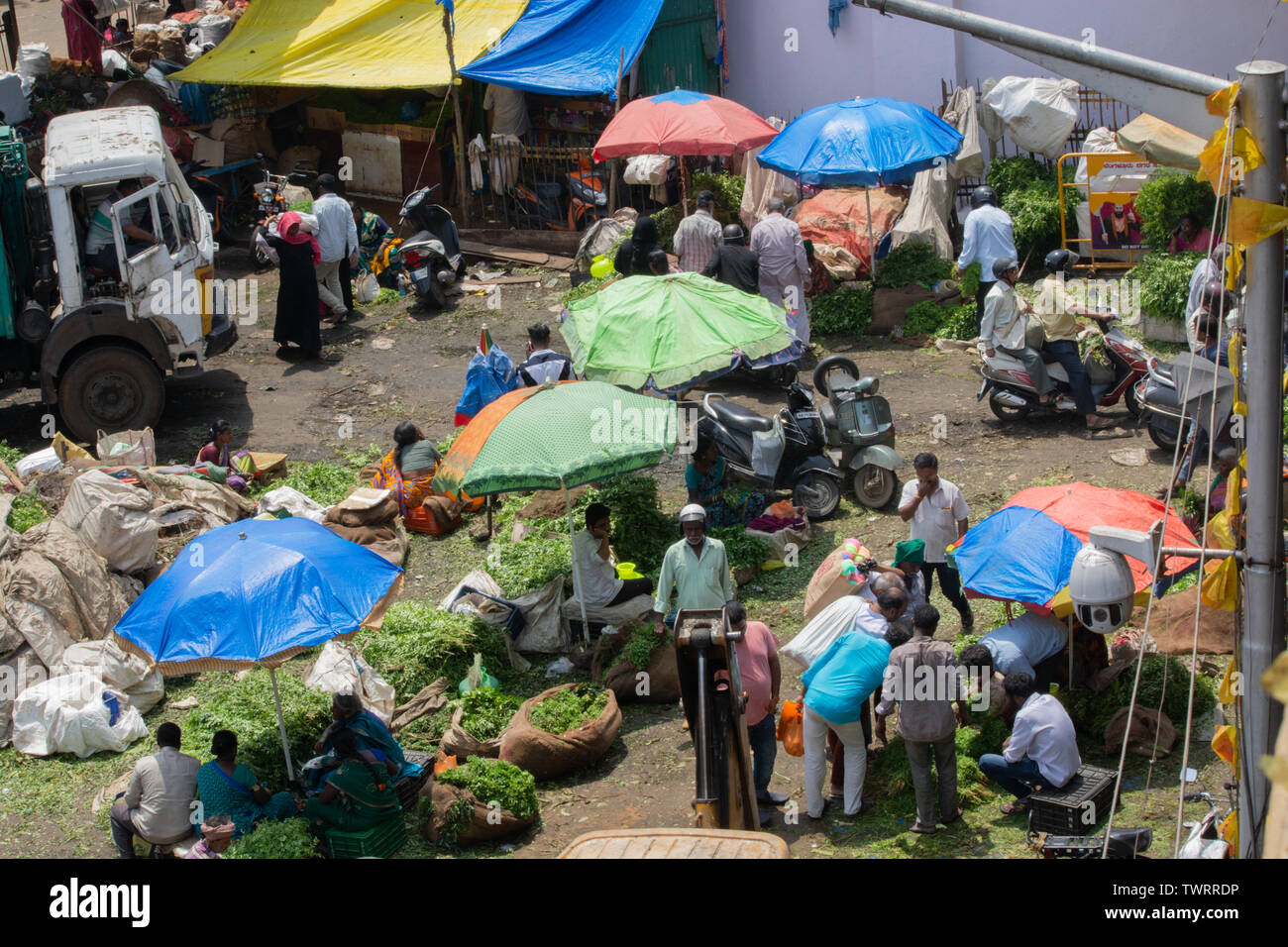Bangalore, India - 4th June 2019 : Aerial view of Busy people at KR Market also known as City Market, It is the largest wholesale market dealing with Stock Photo