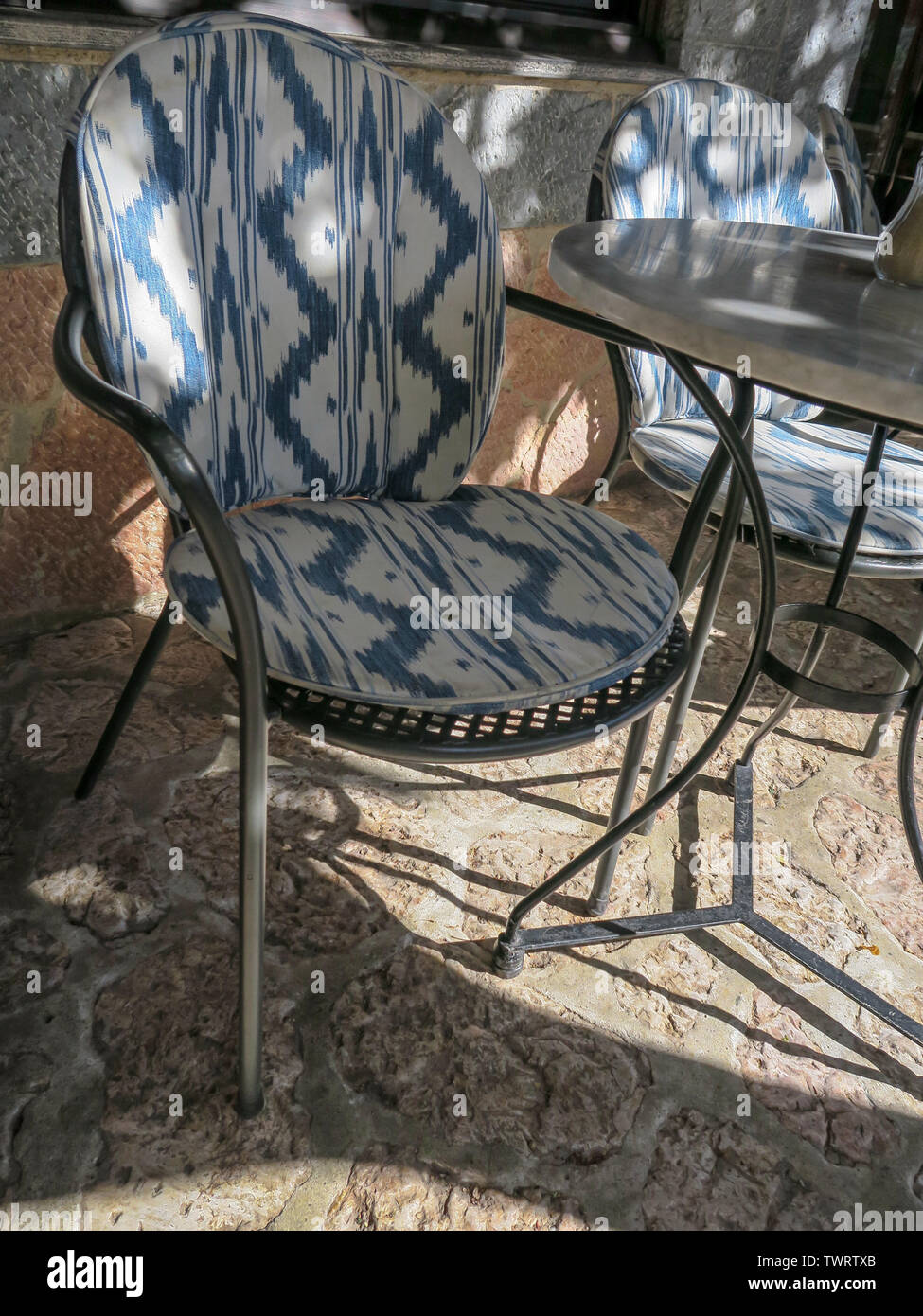 Garden Firnuture Patio Chair Shadows Stripes Zigzags Metal Frame Stone Floor Sandstone Patio Set Cushions Padding Quiet Place Stock Photo Alamy
