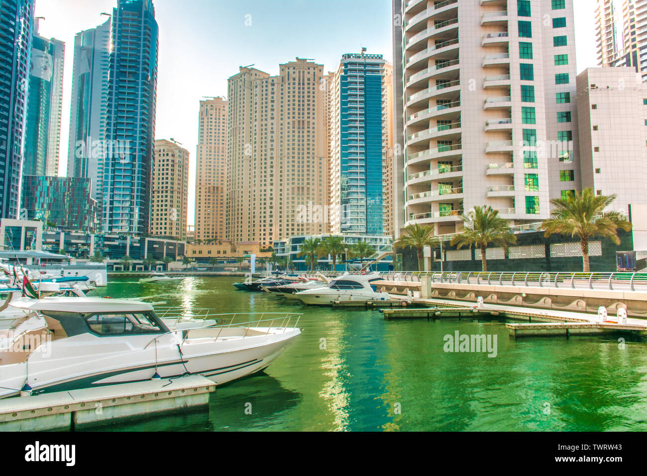 Dubai Marina Lake view with yacht best place to spend holidays in Middle east Stock Photo