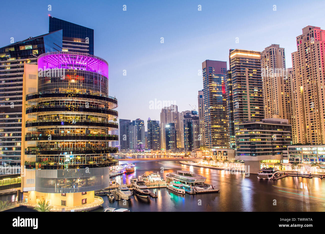 Dubai Marina Night view of modern buildings amazing architecture designs best place to visit in Middle east Stock Photo