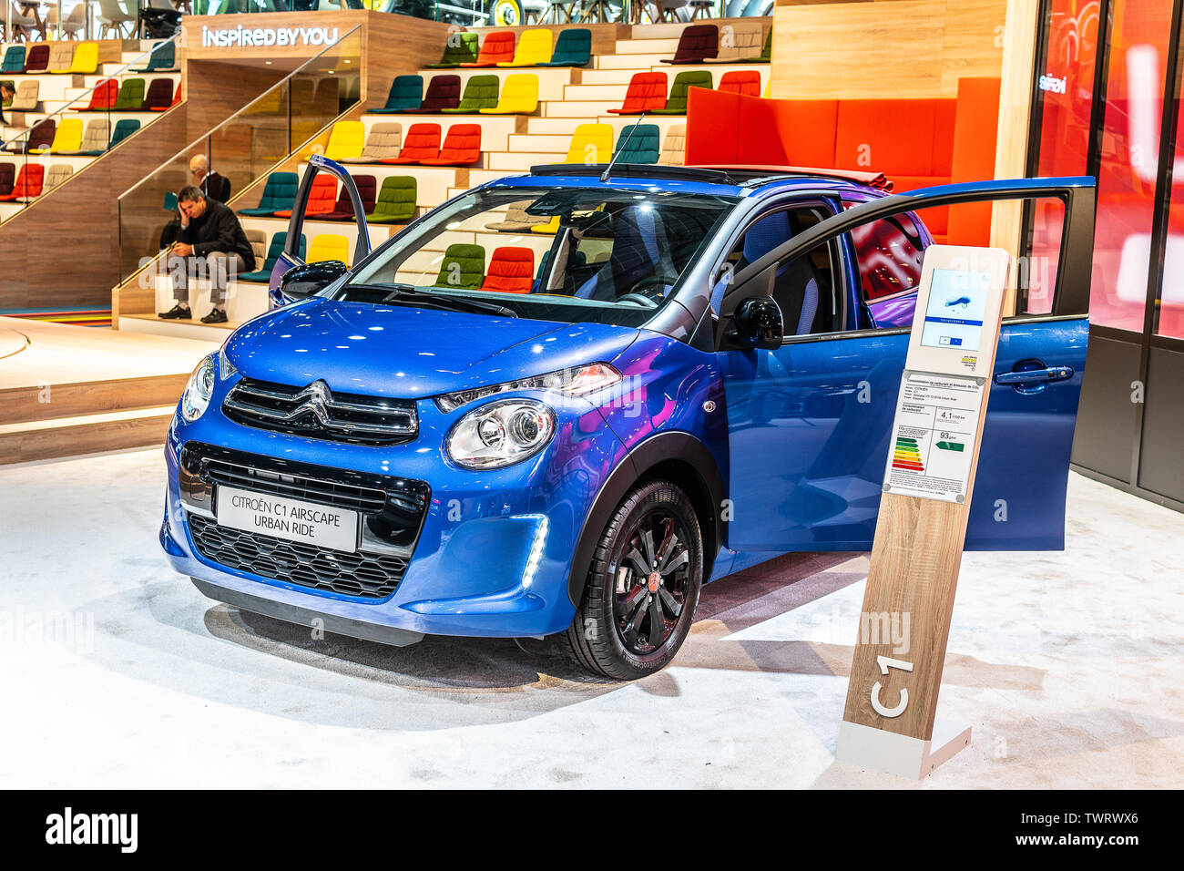 Paris, France, Oct 09, 2018 metallic blue Citroen C1 AirSpace Urban Ride, Mondial Paris Motor Show, car produced by French car manufacturer Citroen Stock Photo