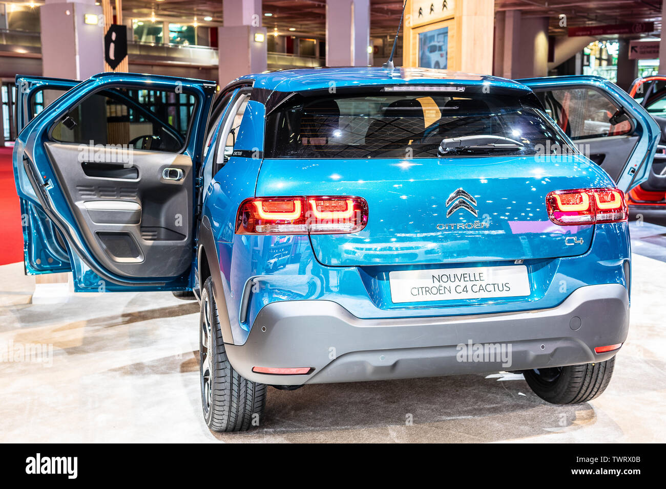 Paris, France, October 09, 2018:  metallic blue Citroen C4 Cactus at Mondial Paris Motor Show, car produced by French car manufacturer Citroen Stock Photo