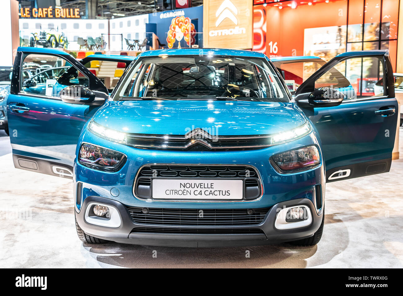 Paris, France, October 09, 2018:  metallic blue Citroen C4 Cactus at Mondial Paris Motor Show, car produced by French car manufacturer Citroen Stock Photo