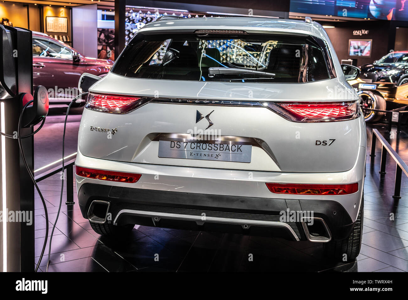 Paris, France, Oct 09, 2018 Citroen DS 7 Crossback E-Tense 4x4 Plug-In Hybrid at Mondial Paris Motor Show, SUV car produced by French Citroen DS Stock Photo