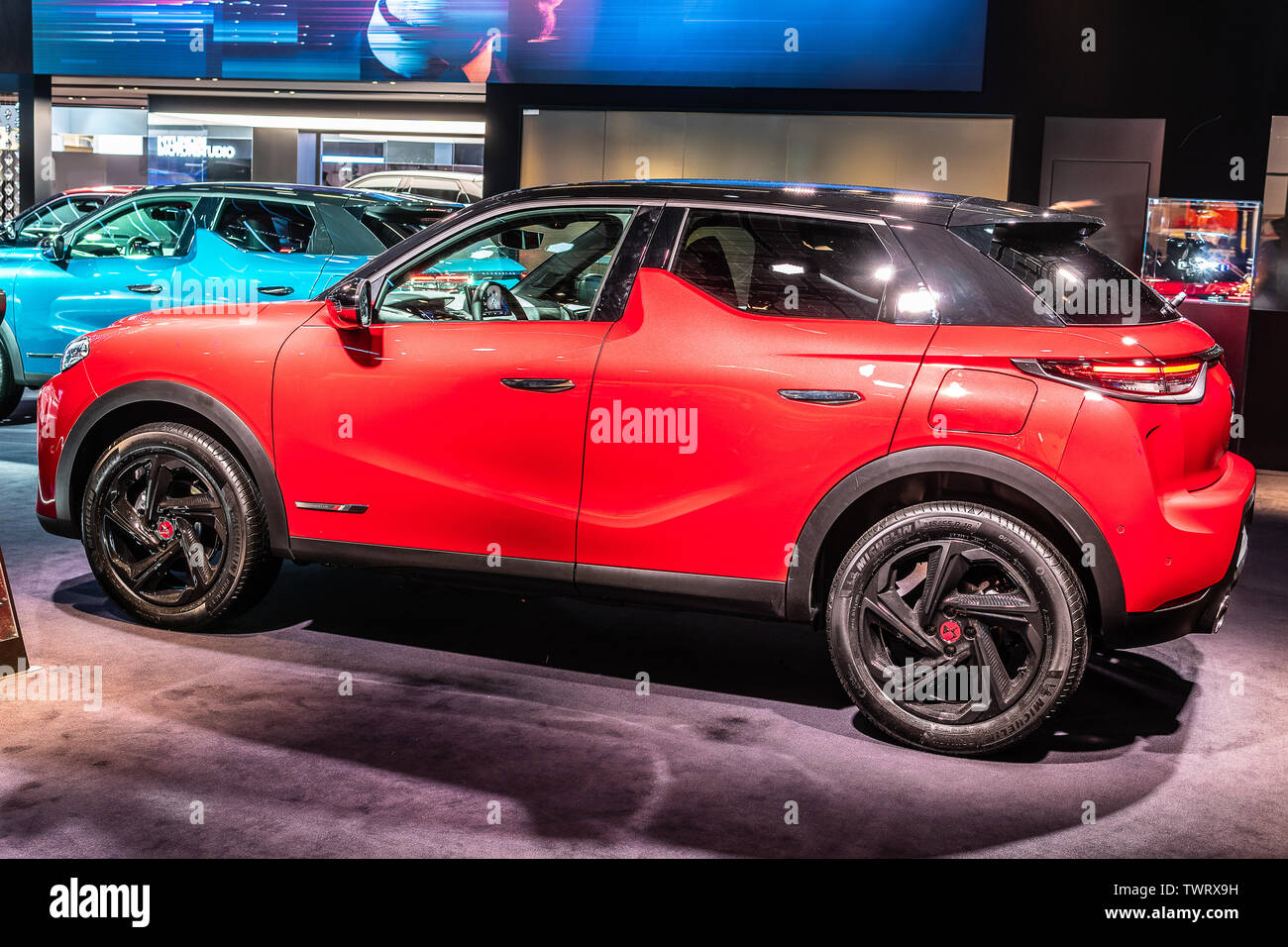 Paris, France, October 09, 2018 red Citroen DS 3 Crossback DS Performance Line, Mondial Paris Motor Show, SUV car produced by French DS Automobiles Stock Photo