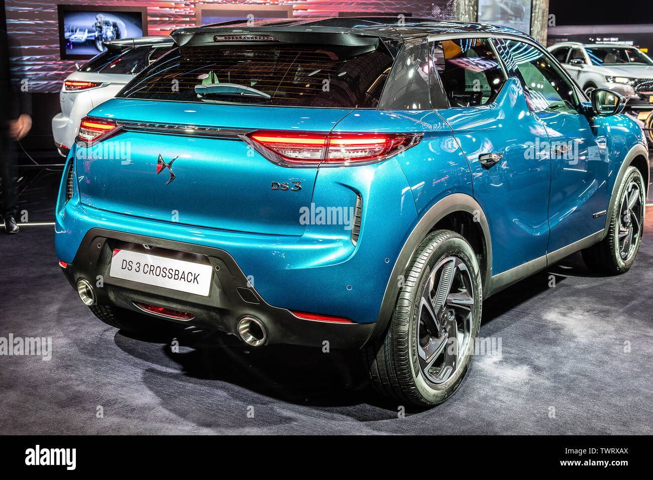 Paris, France, October 09, 2018: metallic blue Citroen DS 3 Crossback at Mondial Paris Motor Show, SUV car produced by French DS Automobiles Stock Photo