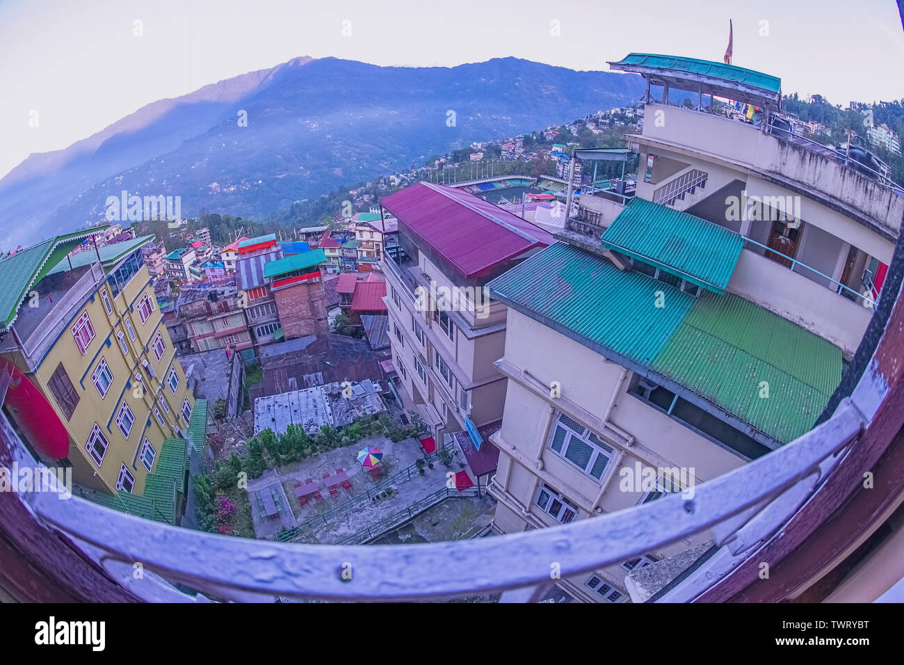 Circular,panorma,of,Gangtok,capital,city,valley,in West,Paljor stadium,mountains, Sun rise time,Sikkim,India. Stock Photo