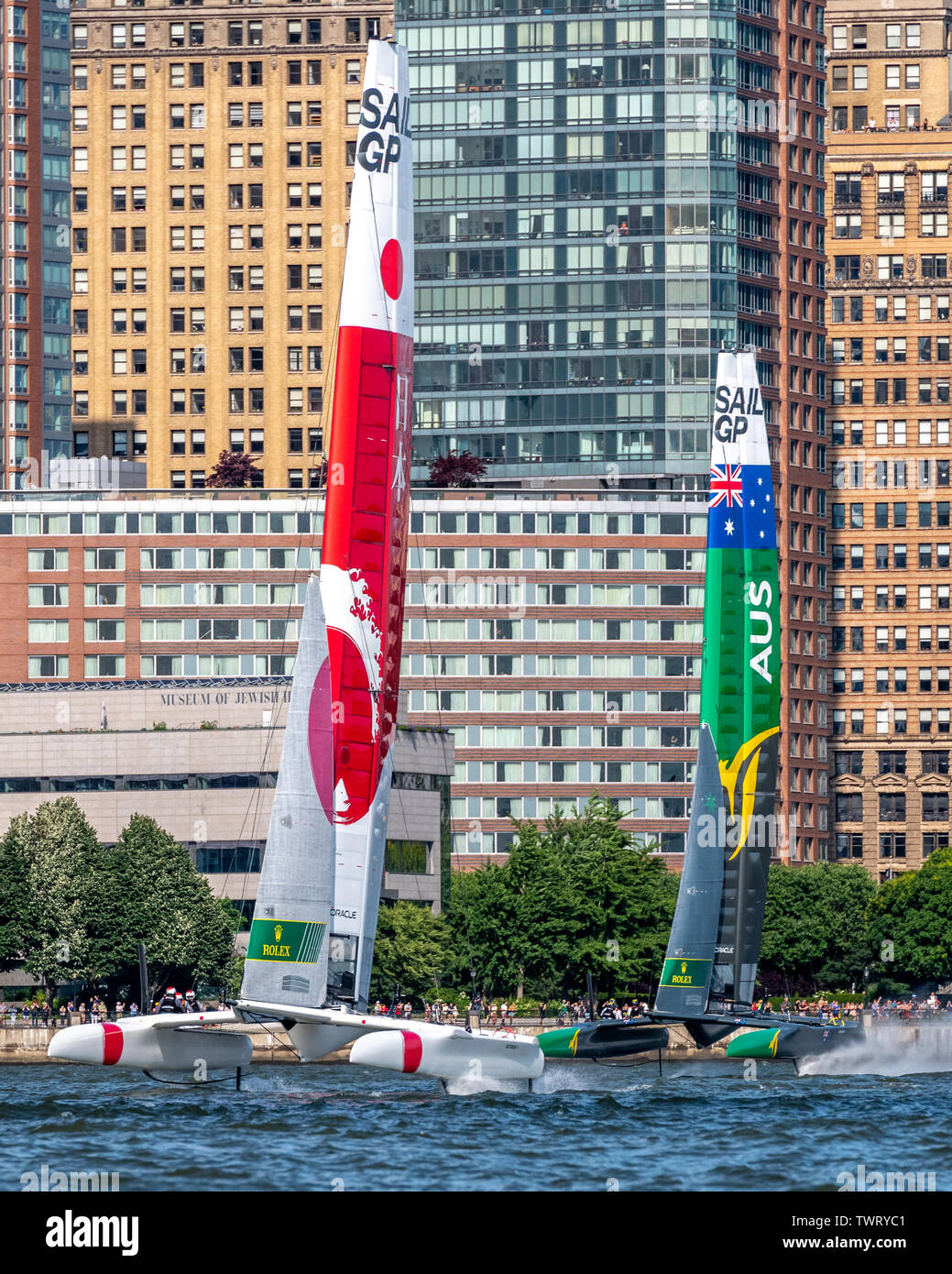 New York, USA. 22nd June, 2019. Sail GP F50 catamarans of teams Japan and Australia sail in the
