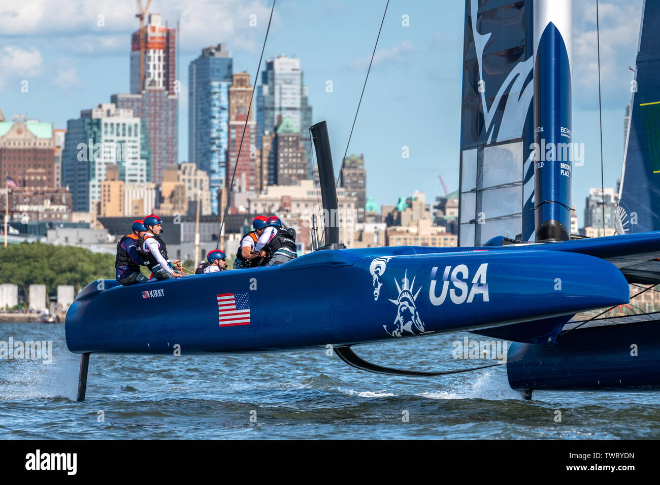 New York, USA. 22nd June, 2019. Team USA SailGP F50 catamaran sails in