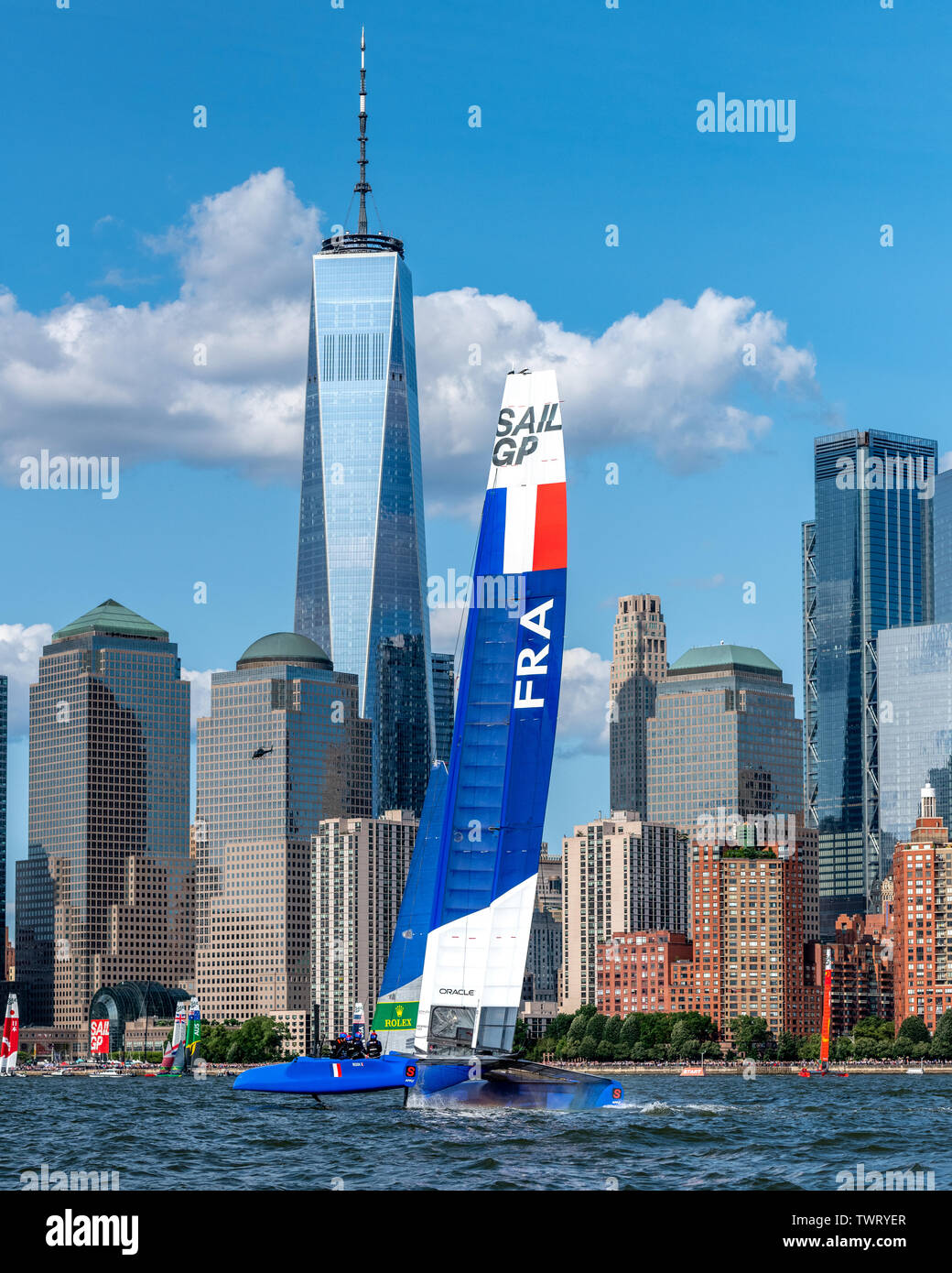 New York, USA. 22nd June, 2019. Team France SailGP F50 catamaran sails