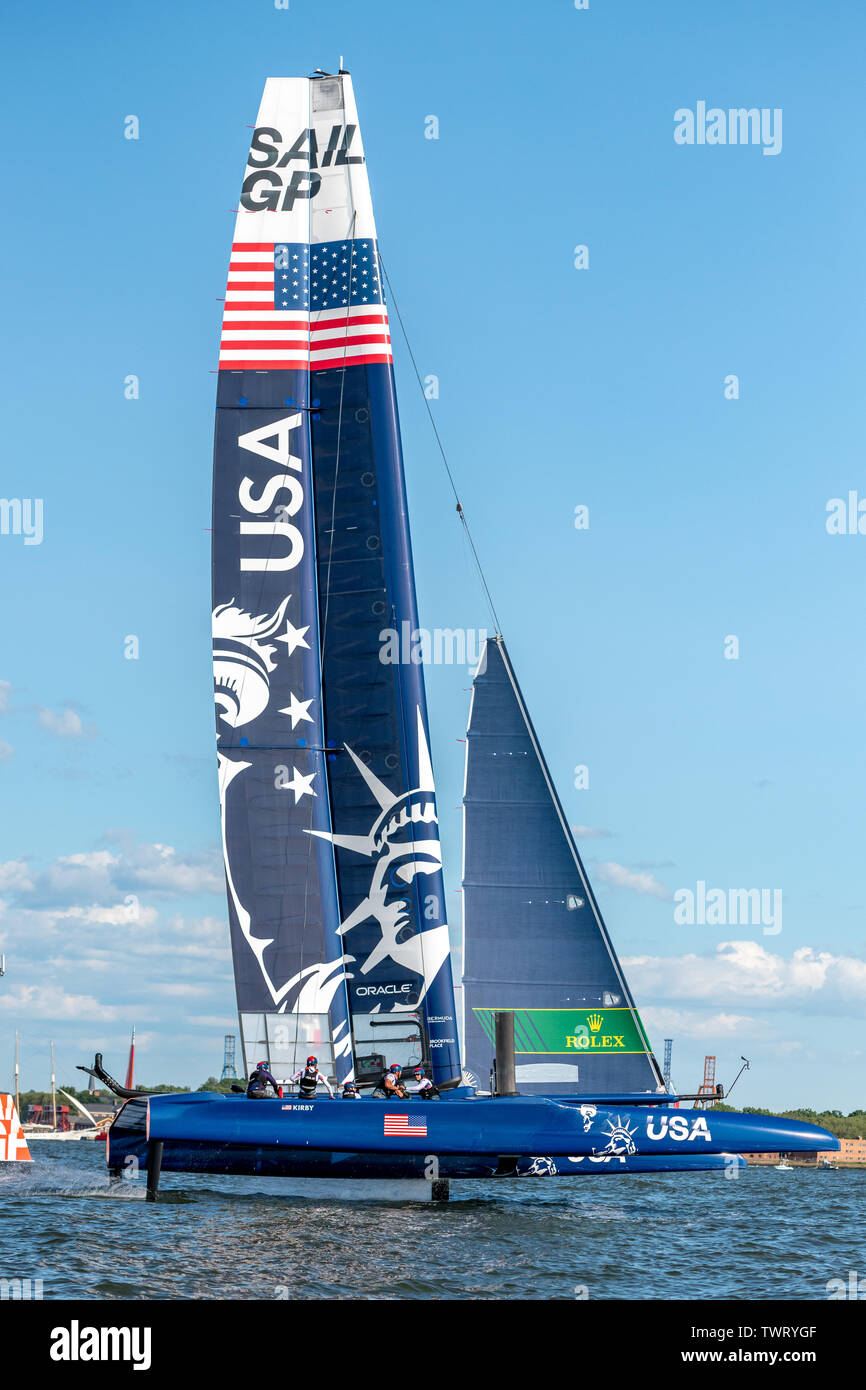 New York, USA. 22nd June, 2019. Team USA SailGP F50 catamaran sails in