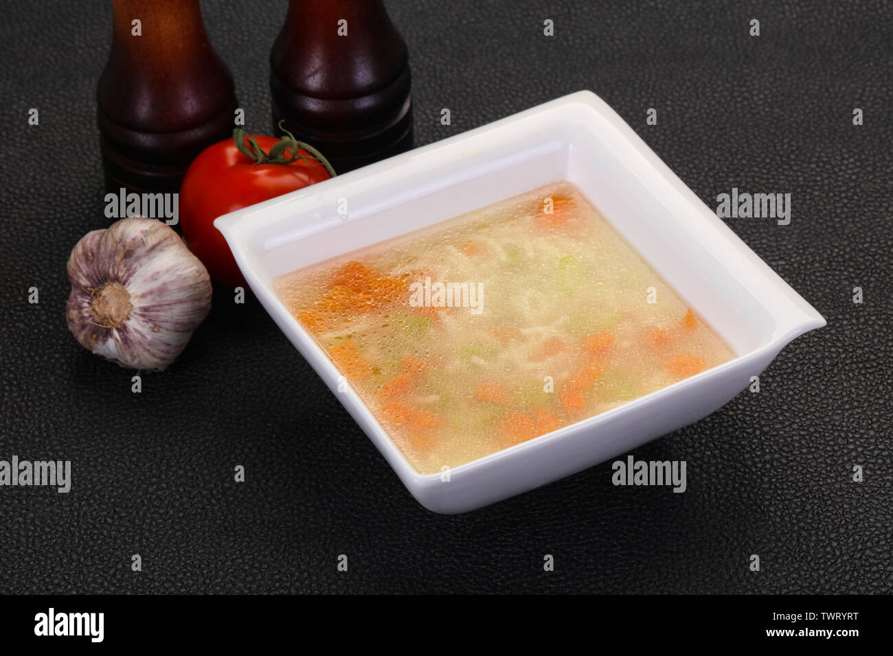 Chicken soup with noodles, carrot and celery Stock Photo Alamy