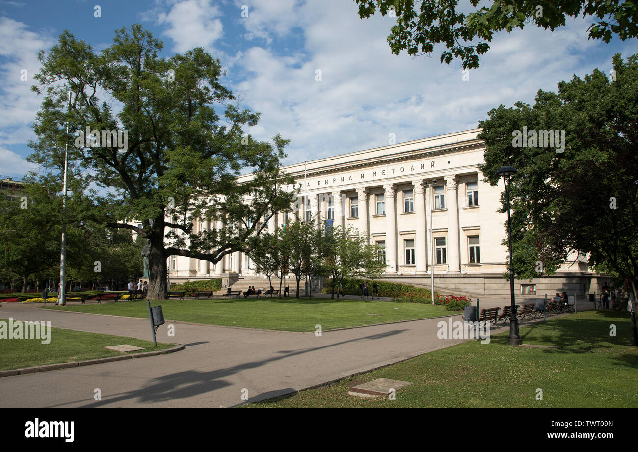 SOFIA, BULGARIA - June 22, 2019: Summer view of National Library St. Cyril and St. Methodius in Sofia, Bulgaria. Monument of Cyril and Methodius. Stock Photo