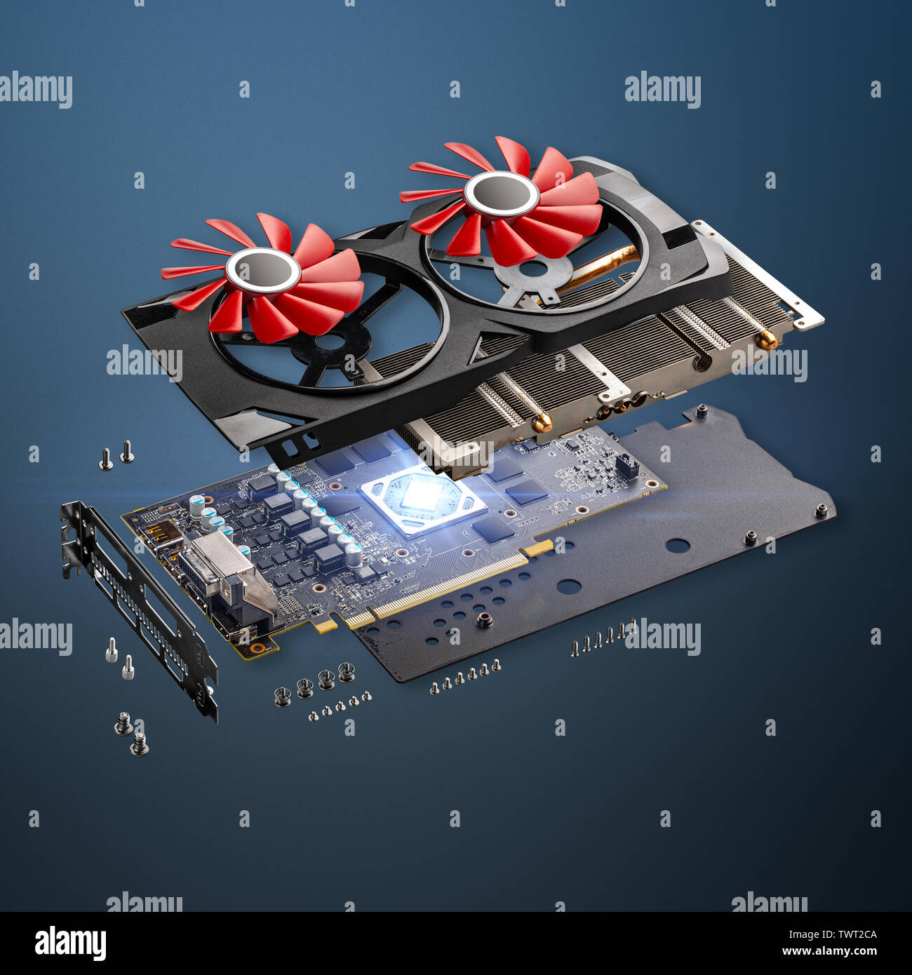 Explode view of computer graphic card on blue background Stock Photo - Alamy