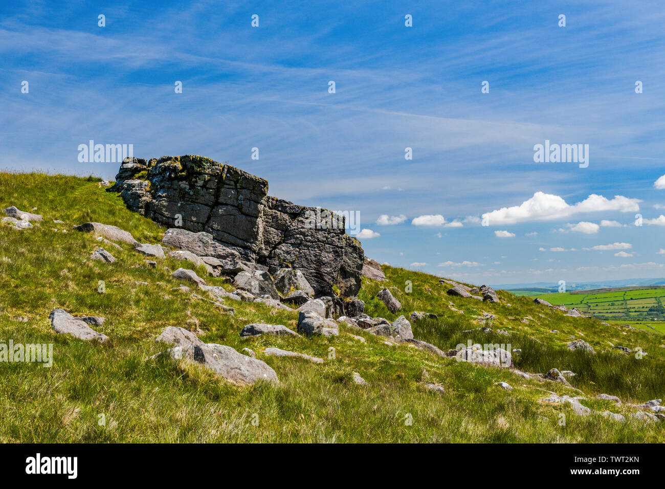 Bluestone rock outcrops on Carn Menyn in the Preseli Hills in north Pembrokeshire on a bright and sunny day Stock Photo