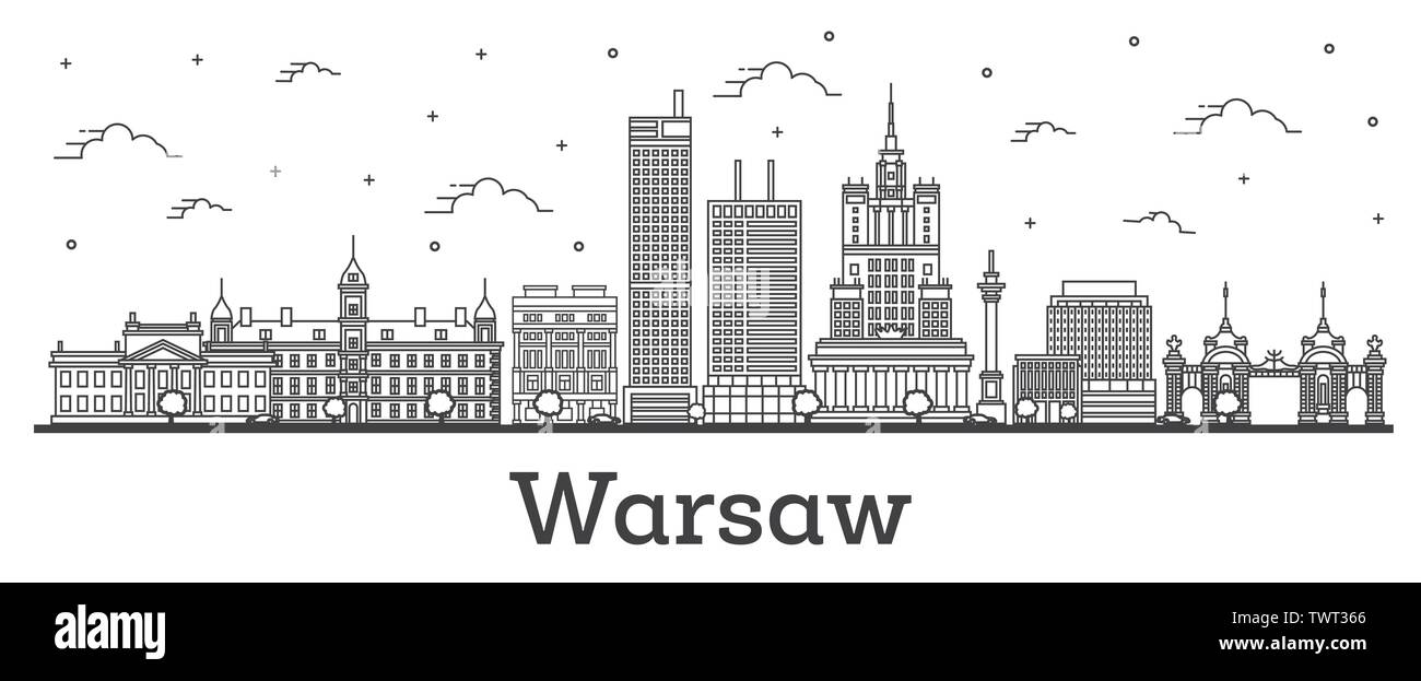 Outline Warsaw Poland City Skyline with Modern Buildings Isolated on White. Vector Illustration. Warsaw Cityscape with Landmarks. Stock Vector