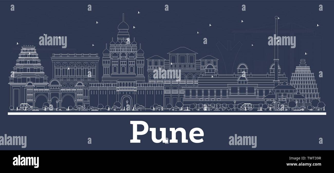 Outline Pune India City Skyline with White Buildings. Vector Illustration. Business Travel and Tourism Concept with Historic Architecture. Stock Vector