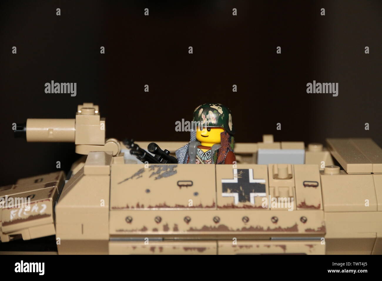 LEGO custom MOC WWII German soldier on a Sd.Kfz 251 halftrack. Stock Photo