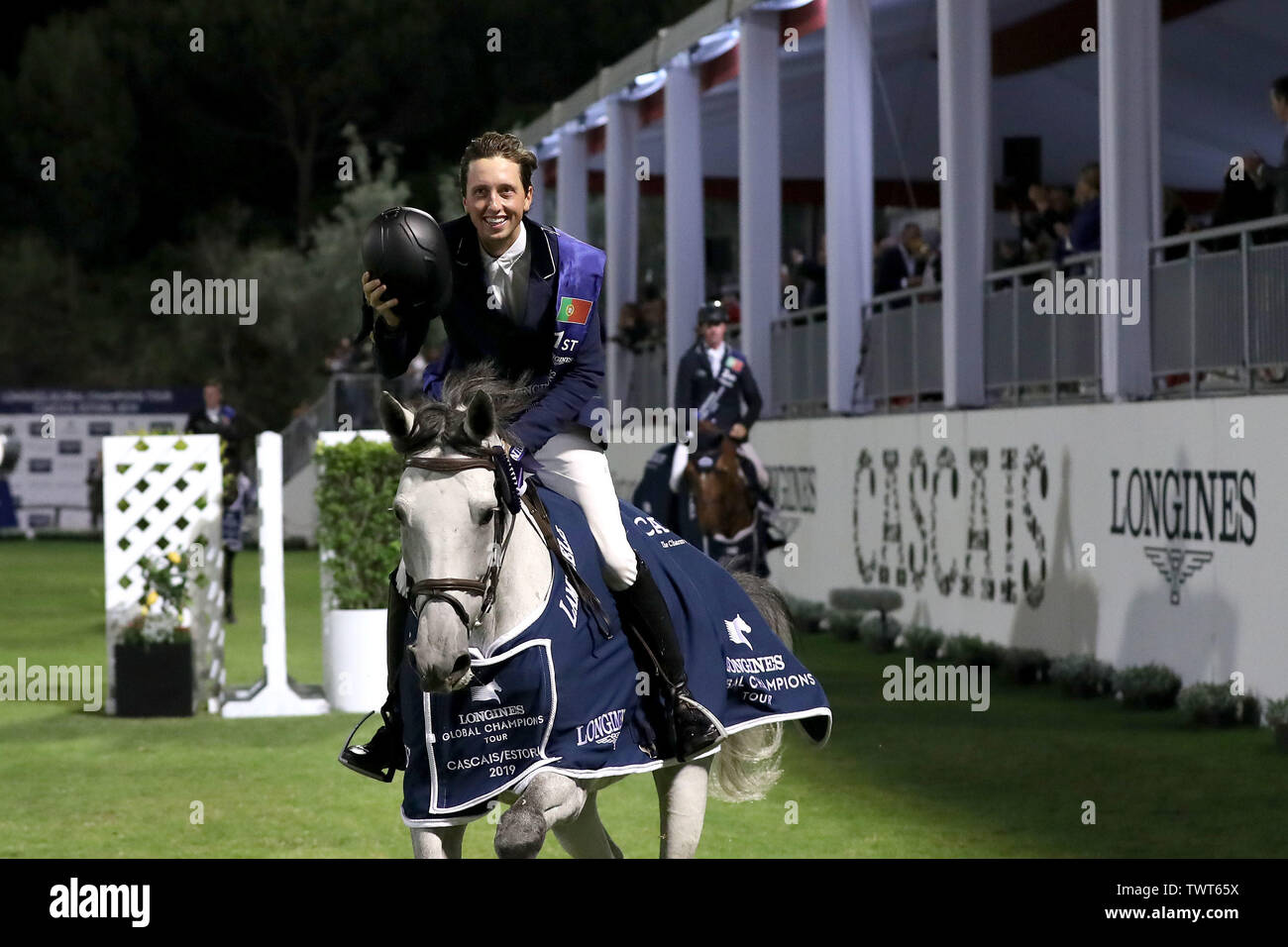 Cascais, Portugal. 22nd June, 2019. Martin Fuchs of Switzerland celebrates his victory during the Cascais Estoril jumping competition of Longines Global Champions Tour Grand Prix in Cascais, Portugal, on June 22, 2019. Credit: Petro Fiuza/Xinhua/Alamy Live News Stock Photo