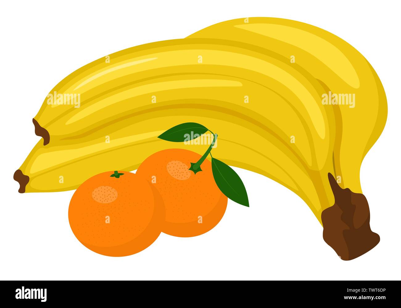Bunch of bananas and Tangerine or clementine with green leaf isolated on white background. Vector illustration Stock Vector