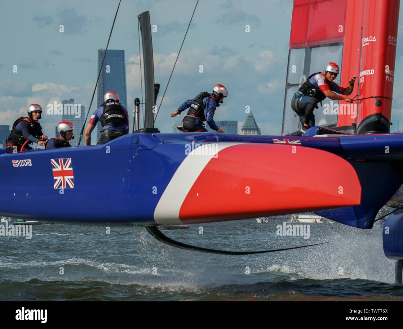 Great Britain SailGP Team skippered by Dylan Fletcher racing on their foils during Race Day 2, Event 3, Season 1SailGP event in New York City, New York, United States. Stock Photo