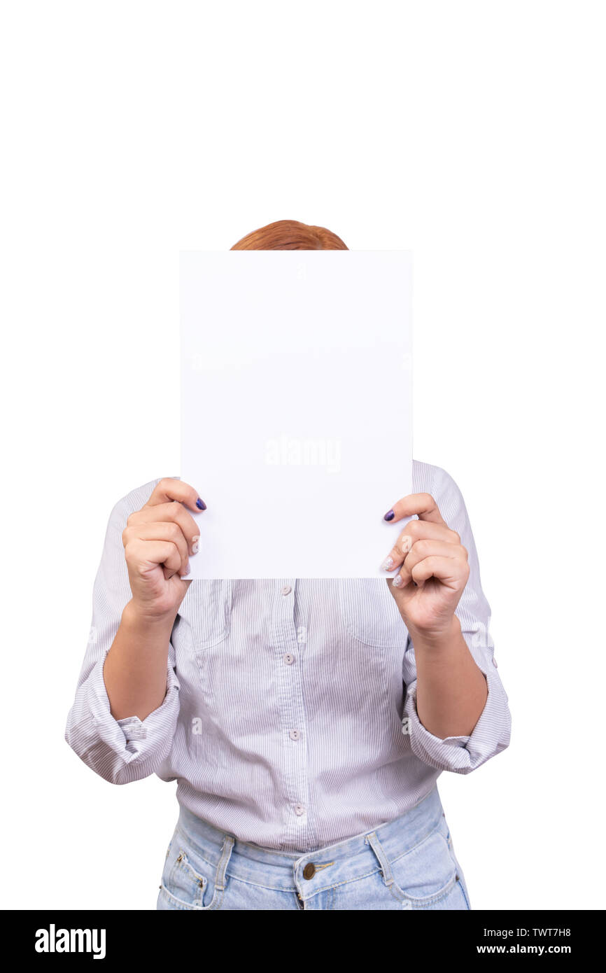 business woman holding with white blank empty paper cover her face  isolated on white background with clipping path Stock Photo