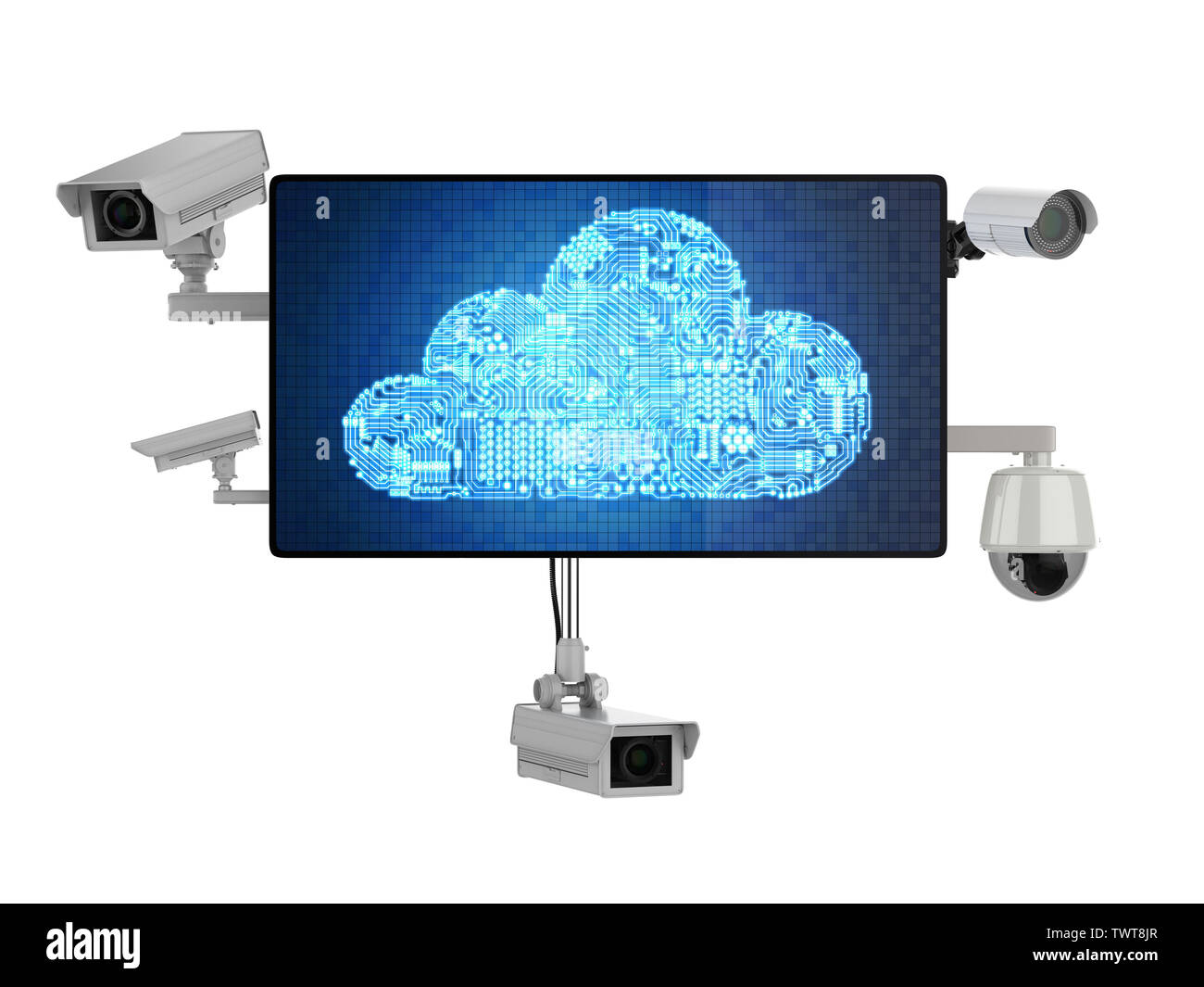 Cloud security concept with 3d rendering security cameras with circuit