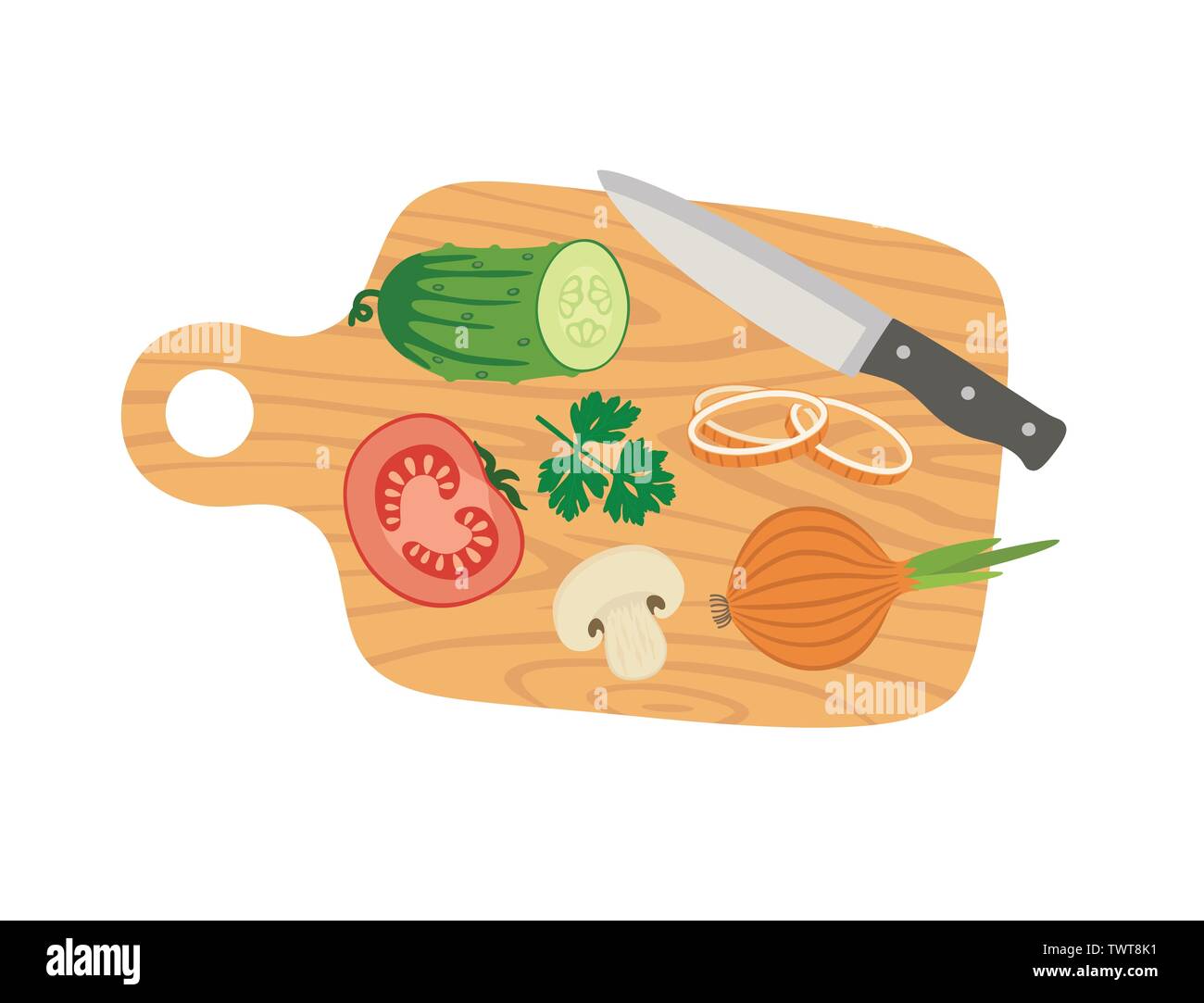 Cutting board and vegetables Cooking card poster with tomato, cucumber, onion, mushrooms, parsley and knife. Stock Vector