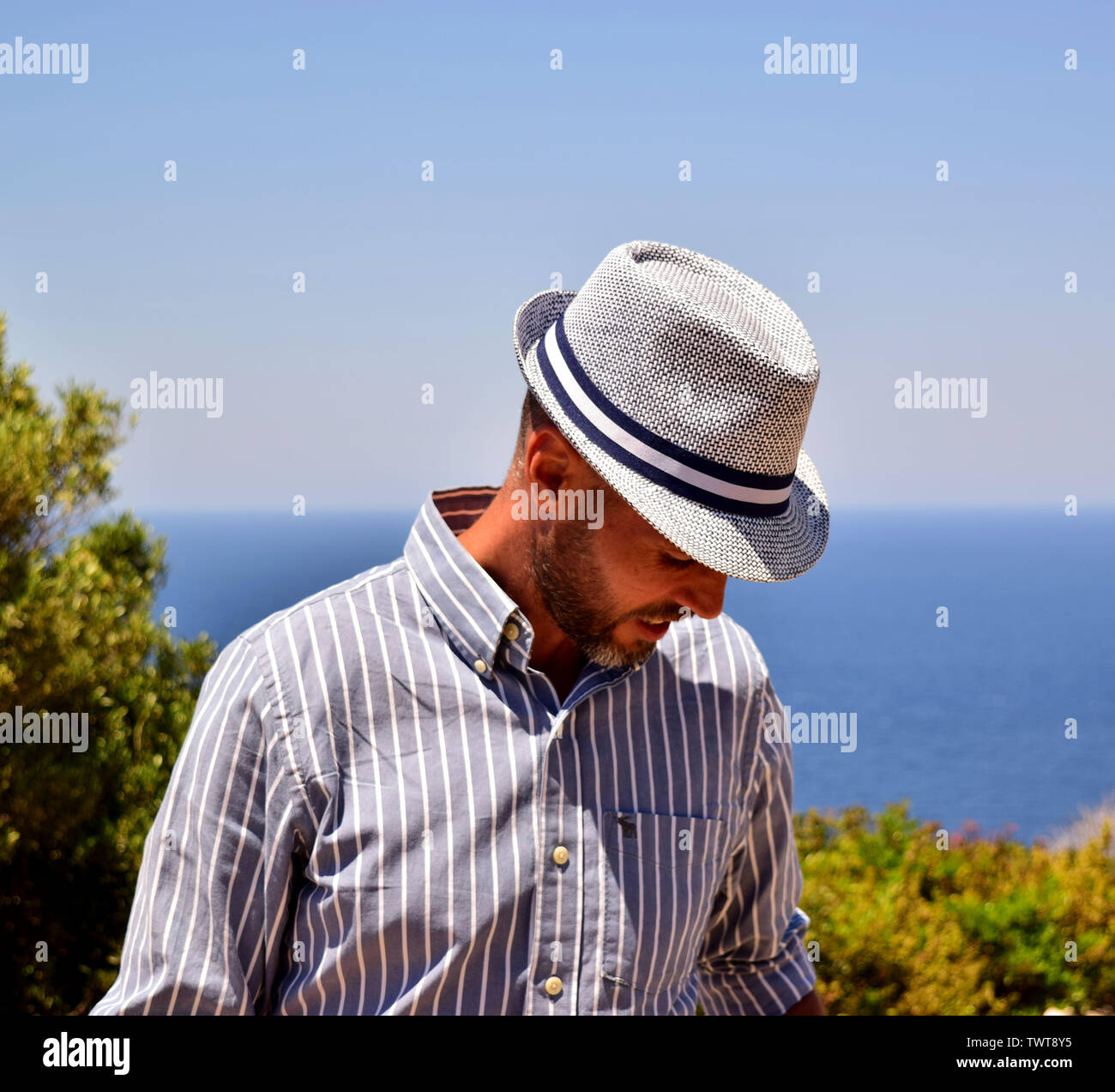 Man in a Panama hat close up Stock Photo