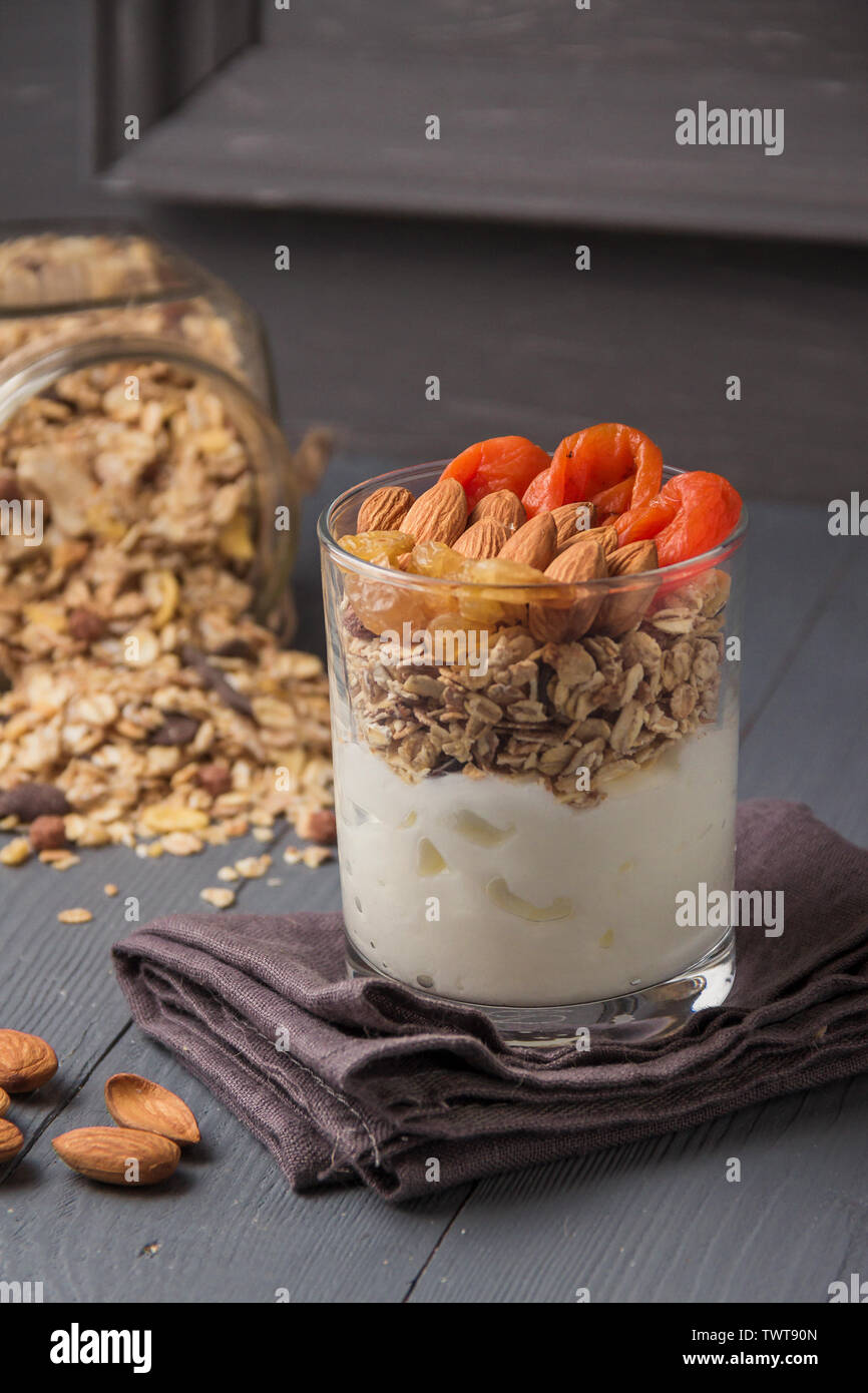 Homemade yogurt with granola, dried fruit and nuts bio with most healthy seed Stock Photo