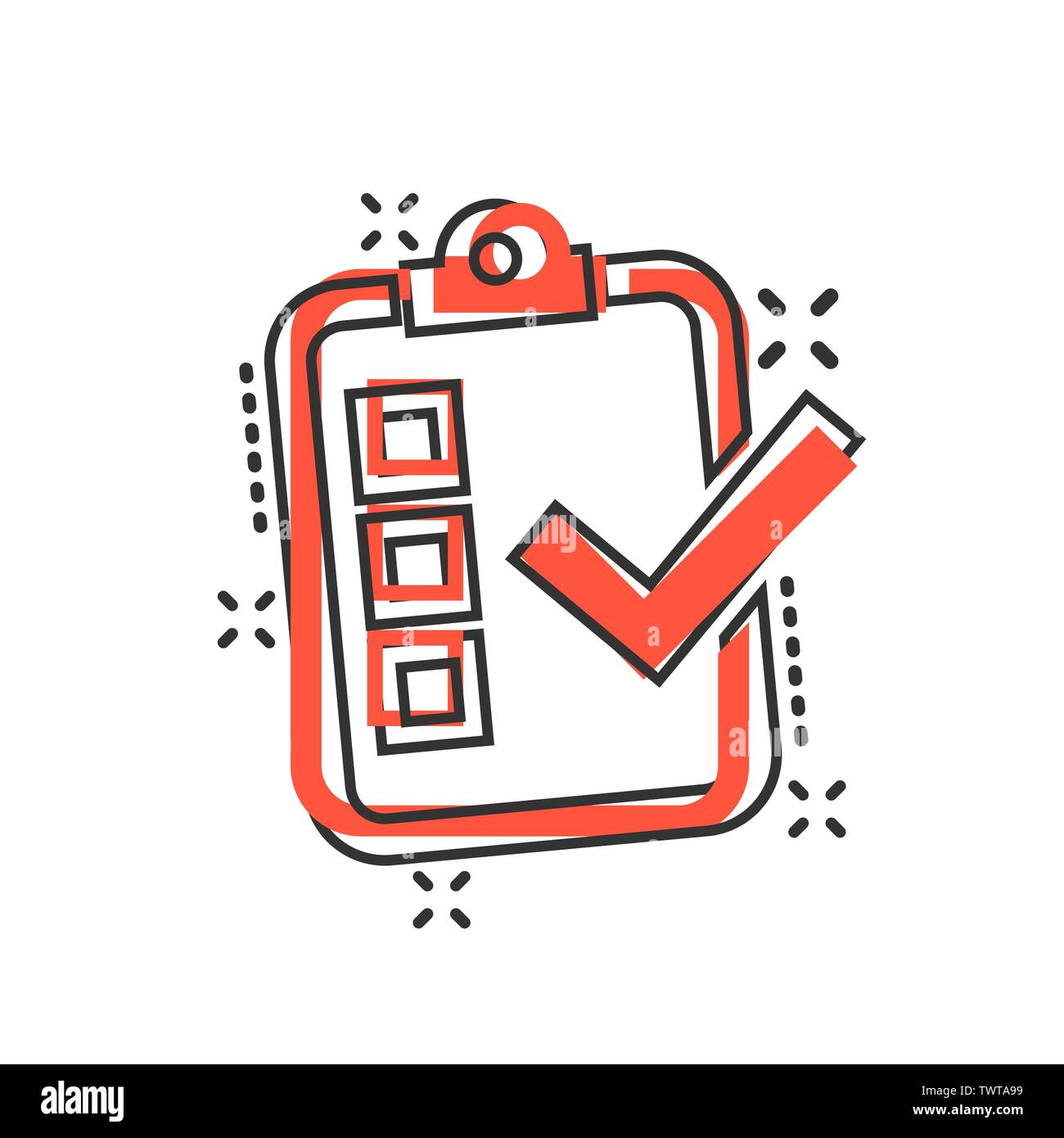 Checklist document sign icon in comic style. Survey vector cartoon ...