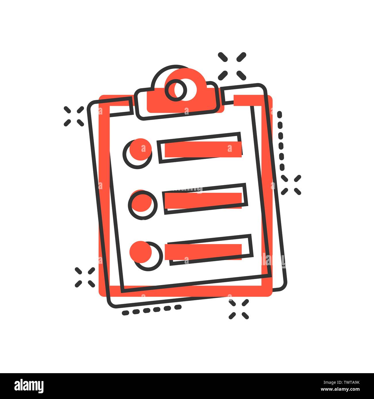Checklist document sign icon in comic style. Survey vector cartoon ...