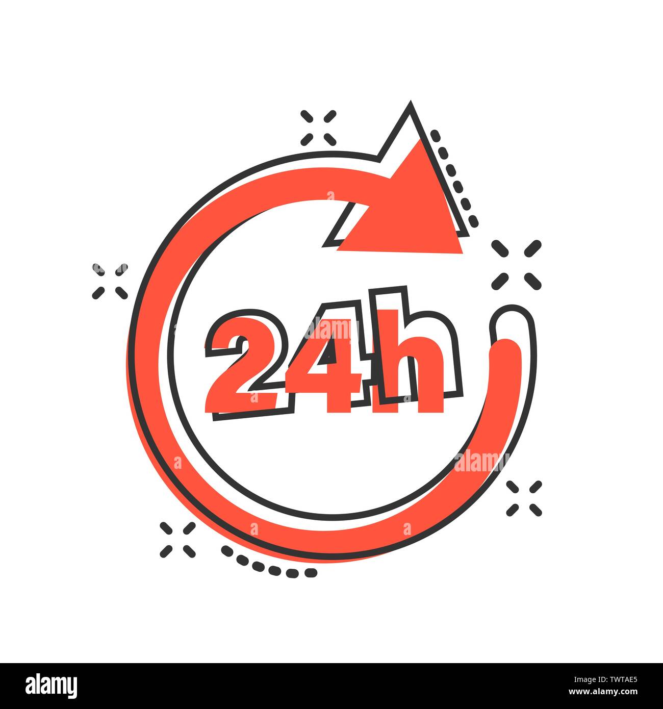 24 hours clock sign icon in comic style. Twenty four hour open vector cartoon illustration on white isolated background. Timetable business concept sp Stock Vector