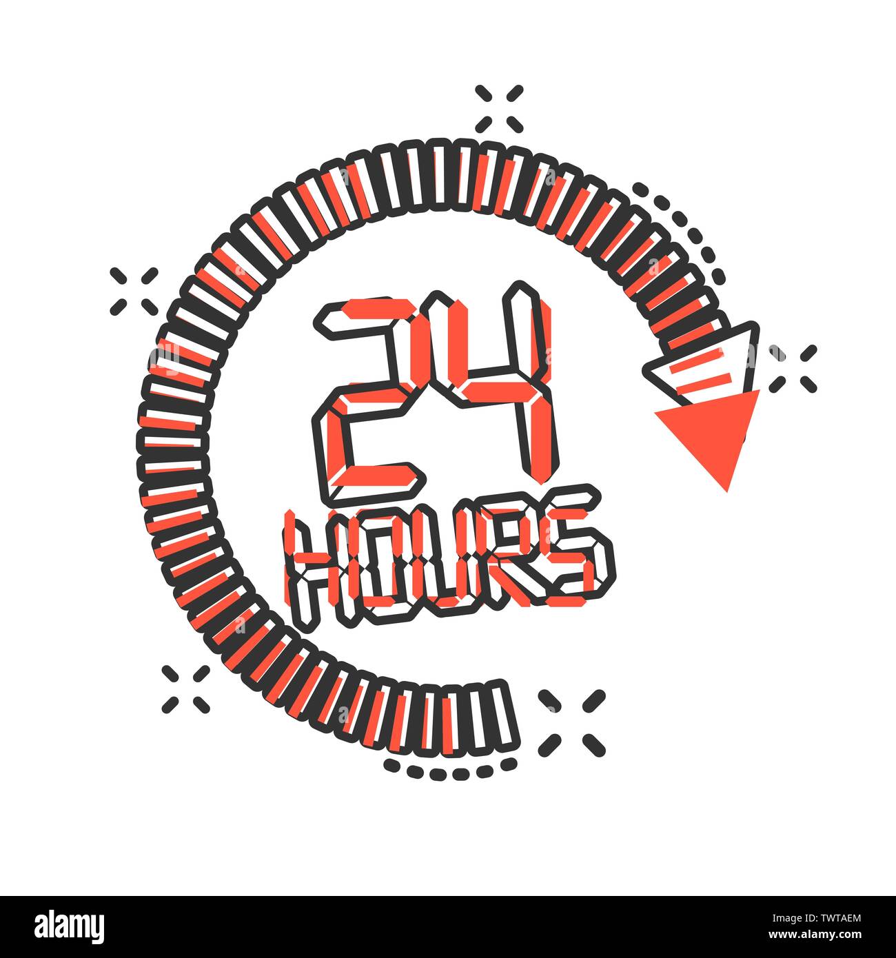 24 hours clock sign icon in comic style. Twenty four hour open vector cartoon illustration on white isolated background. Timetable business concept sp Stock Vector