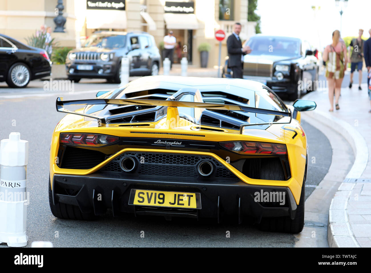 Monte Carlo Monaco June 21 19 Black And Yellow Lamborghini Aventador Svj Roadster Rear View Parked In Front Of The Hotel De Paris Monte Carlo Stock Photo Alamy
