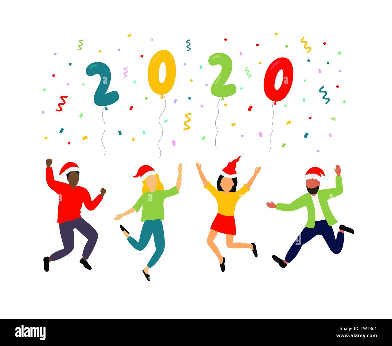 2020 Happy New Year background. Cartoon doodle illustration with people holding balloons. Stock Vector