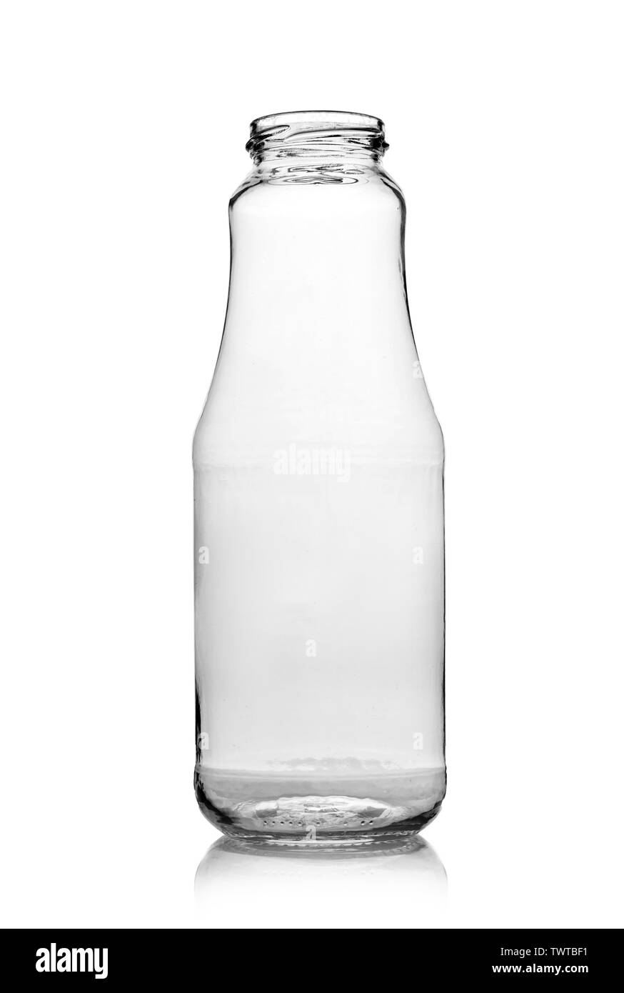 Empty glass bottle for drinks milk, juice, water on a white background. Stock Photo