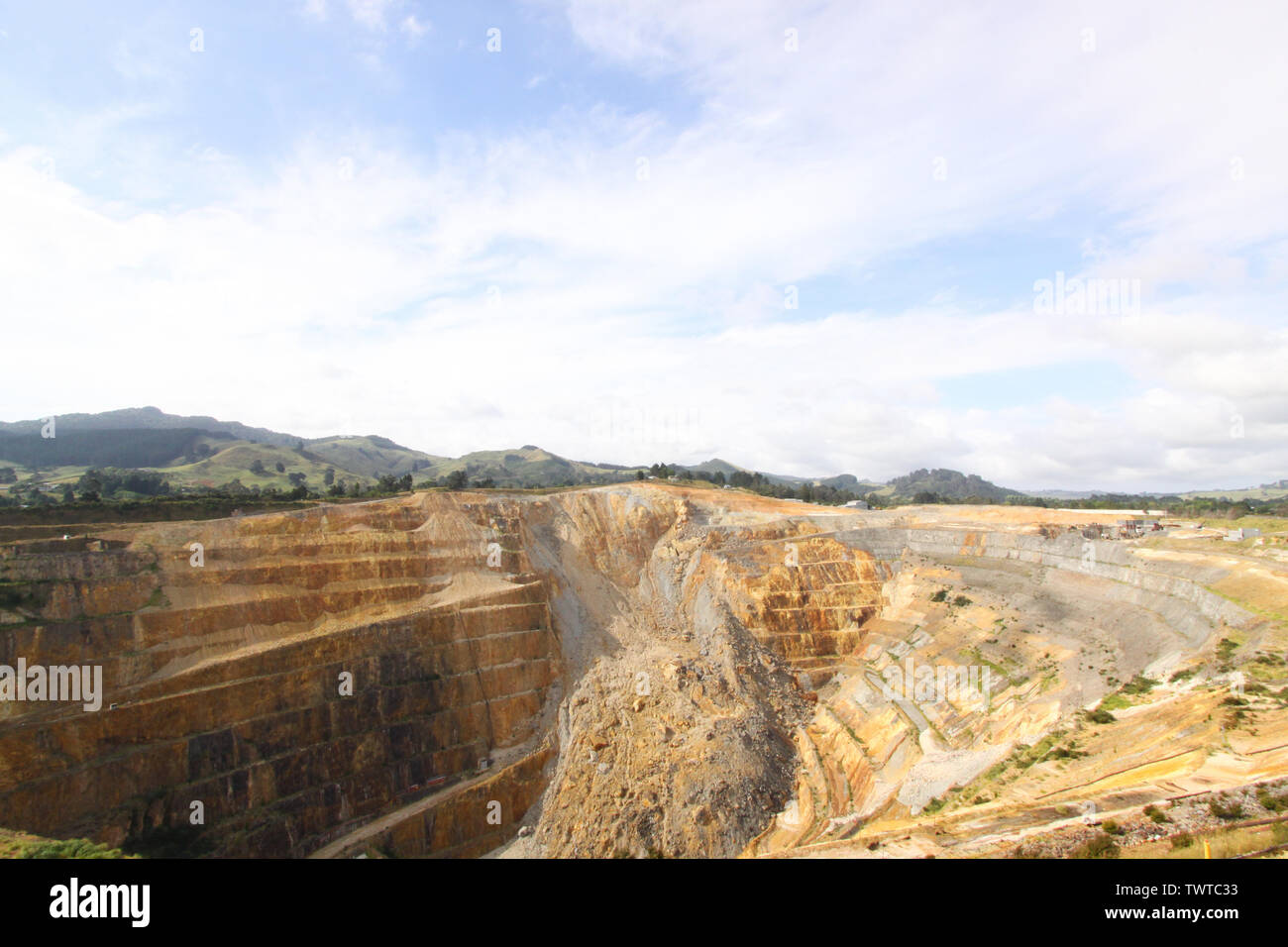 The Martha Mine is a open-cast gold mine in the New Zealand town of Waihi. The picture shows the large landslides that occured in April 2015 and 2016. Stock Photo