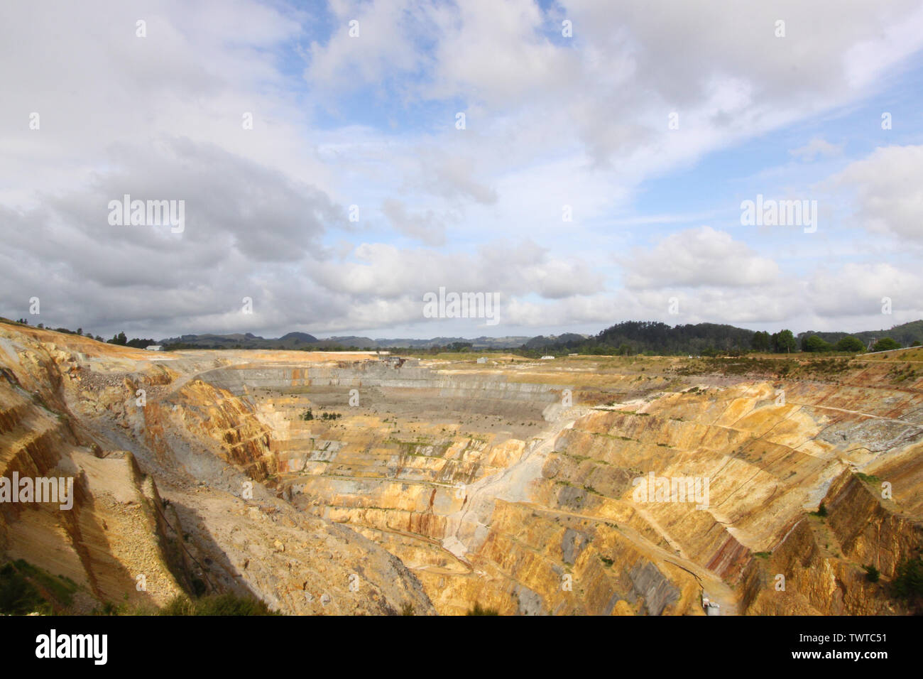 The Martha Mine is a open-cast gold mine in the New Zealand town of Waihi. The picture shows the large landslides that occured in April 2015 and 2016. Stock Photo