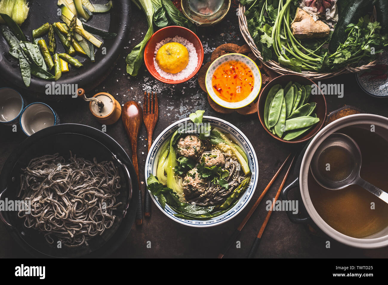 Asian Food Tasty Noodle Soup Vegetables Meat Balls Bowl